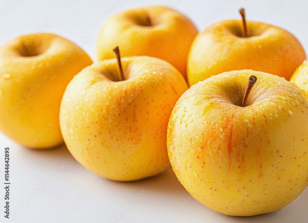 Fresh yellow apples arranged on a white surface, showcasing their vibrant color and water droplets after washing Fresh yellow apples arranged on a white surface, showcasing their vibrant color and water droplets after washing