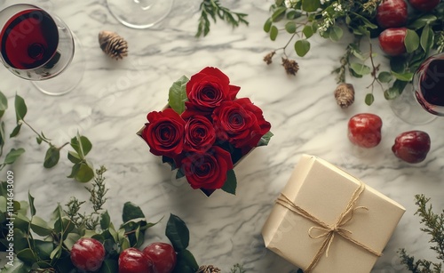 Elegant setup with two wine glasses, a bouquet of red roses, and a gift box o...