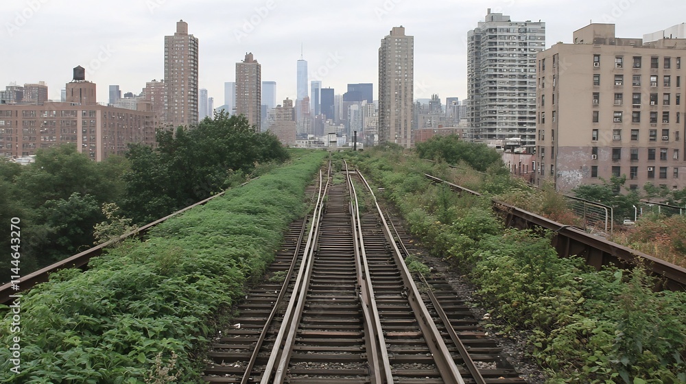 Elevated Railroad Tracks Overlooking Bustling Cityscape with Towering Skyscrapers Elevated Railroad Tracks Overlooking Bustling Cityscape with Towering Skyscrapers