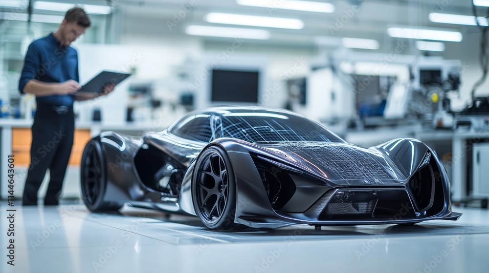 Fototapeta premium Futuristic Automotive Concept with Solar Technology in High-Tech Workshop Featuring Engineer Focusing on Innovative Design and Sustainability Solutions