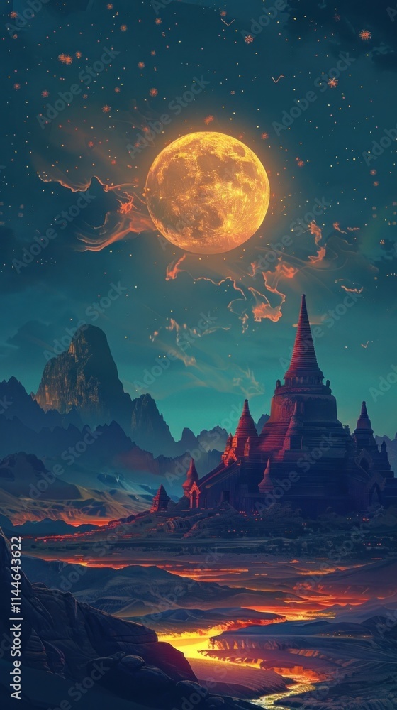 Fototapeta premium Captivating moonlit fantasy landscape with a magical castle ruin set against a dramatic sky filled with stars clouds and a glowing moon creating an enchanting and otherworldly atmosphere