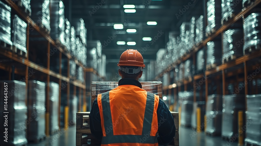 Warehouse Worker Operating Forklift in Modern Distribution Center Surrounded by Stacked Pallets, Visibility Focused on Safety and Efficiency during Daylight Hours Warehouse Worker Operating Forklift in Modern Distribution Center Surrounded by Stacked Pallets, Visibility Focused on Safety and Efficiency during Daylight Hours