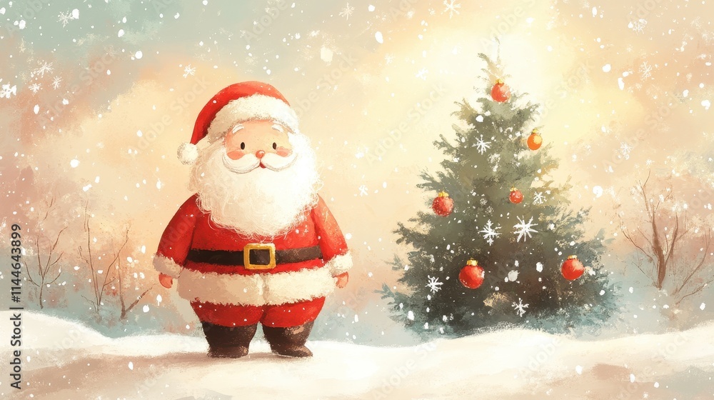 Childish drawing of Chrismas Holydays with Santa Claus and chrismas tree Childish drawing of Chrismas Holydays with Santa Claus and chrismas tree