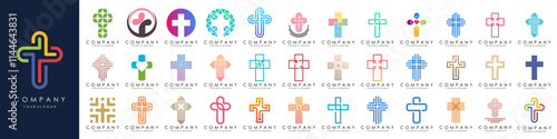 set of church logo design vector. minimal Jesus Christ Cross. line style concept for Christian Church Community inspiration
