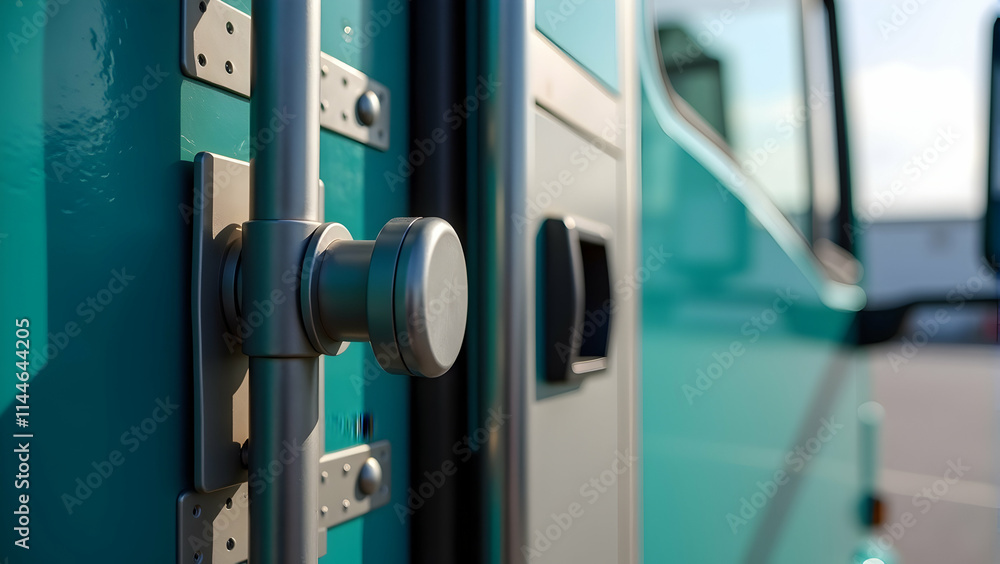 Close-up of a teal truck's latch, gleaming under sunlight. A detail of industrial design. Close-up of a teal truck's latch, gleaming under sunlight. A detail of industrial design.