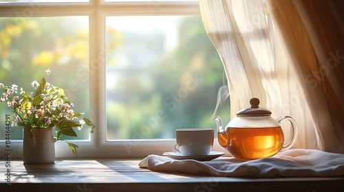 Teapot and cup sitting near window light photo. AI Generated
