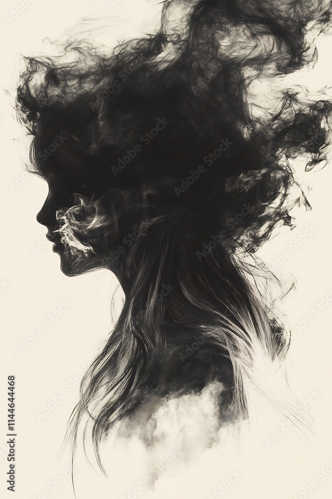 Fototapeta premium Dramatic Smoke Shrouded Feminine Portrait in Monochrome