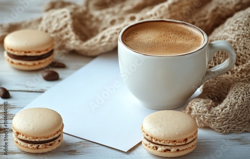 Coffee cup rests next to macaroons and scattered coffee beans on a cozy knit ...