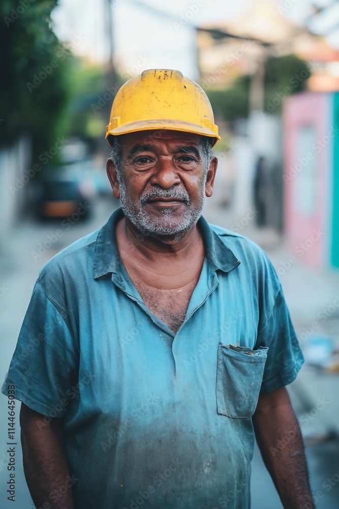 Mature Construction Worker in Blue Uniform Wearing Yellow Safety Hardhat at Building Site