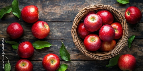 Freshly harvested red apples arranged in a rustic woven basket on a wooden su...