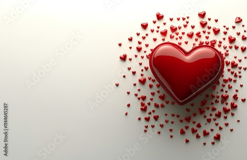 Heart-shaped box filled with small red hearts scattered on a light background...