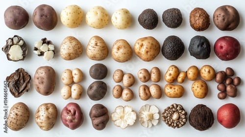 Artfully arranged diverse potato varieties on a crisp white backdrop, perfect for creative design inspiration.