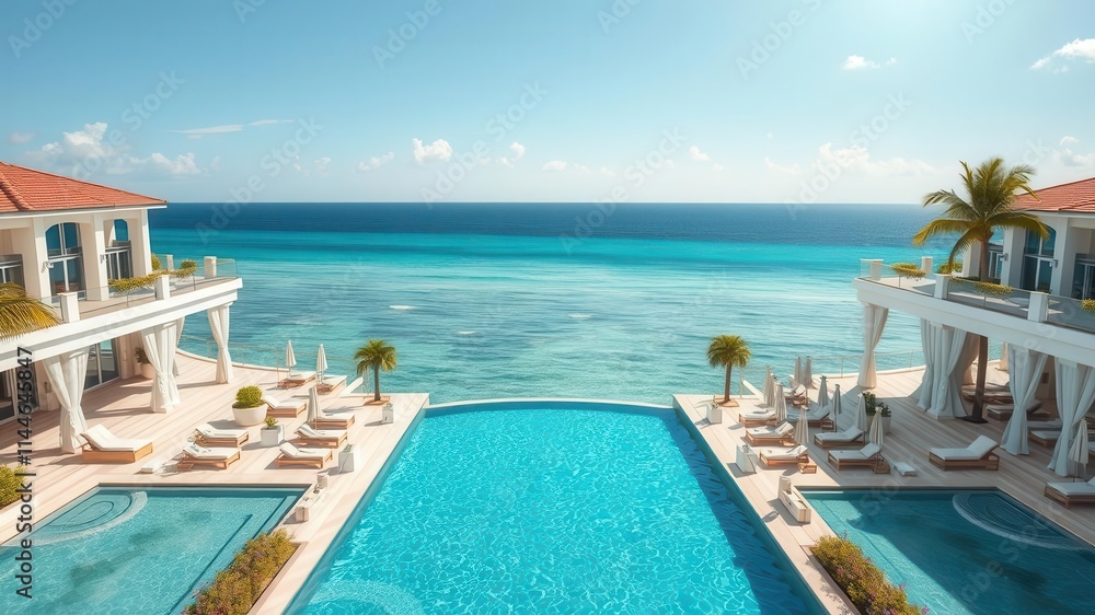 Fototapeta premium Luxurious oceanfront property with stunning views of the crystal-clear ocean waters, upscale amenities, and prime location, beachfront, dream home