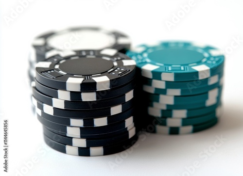 Stacks of poker chips in different colors arranged for a casino game night at...