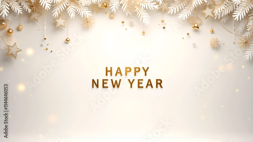 Happy New Year greeting with festive decorations. Concept of celebration, holiday, and new beginnings.