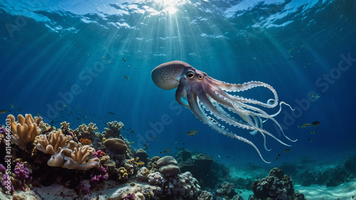 A fascinating octopus gracefully moving through the clear blue ocean