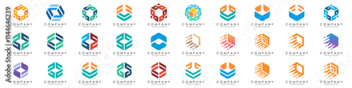 Set of minimalistic trendy shapes creative hexagon logo icon set. Stylish vector logo emblems for Your design.