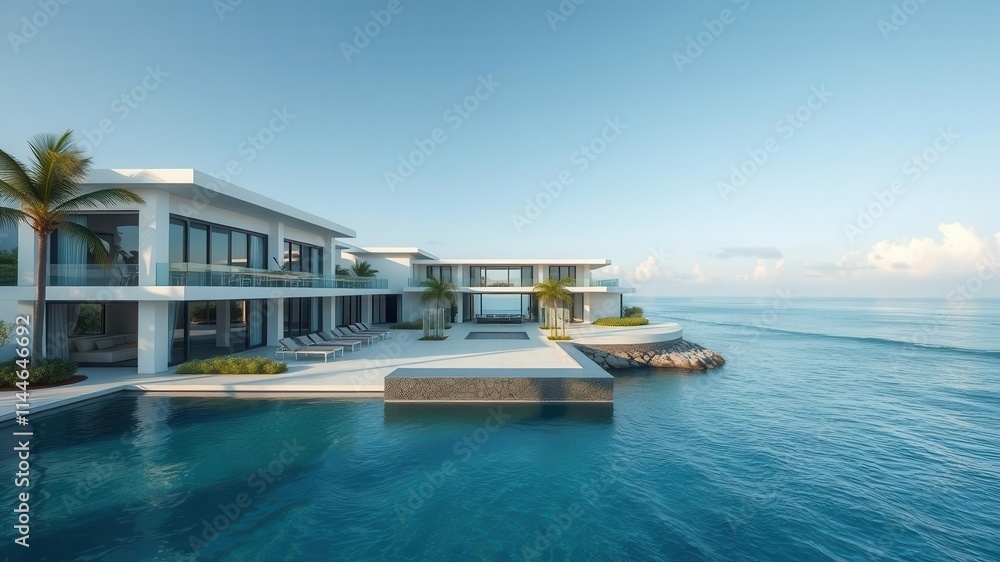 Obraz premium A stunning ocean front property with modern architecture, breathtaking views, and a private beach access, waves, rental