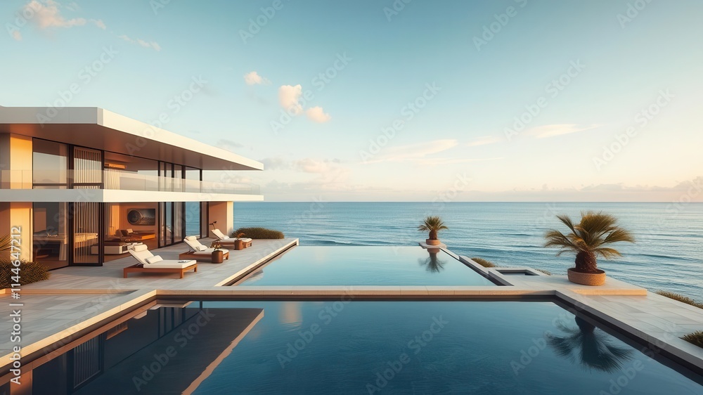 Luxurious modern beachfront property with sleek coastal architecture overlooking the ocean, sea, balcony Luxurious modern beachfront property with sleek coastal architecture overlooking the ocean, sea, balcony