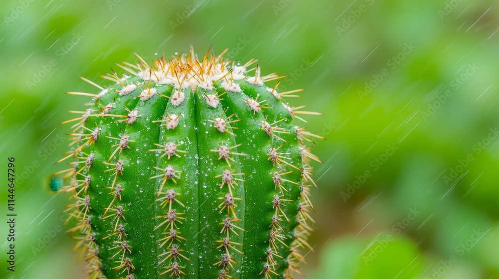 Rain-Kissed Cactus in Lush Green Environment Rain-Kissed Cactus in Lush Green Environment