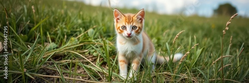 Young cat sitting in a lush meadow, gazing up at the sky in Italy, curious, nature, grass