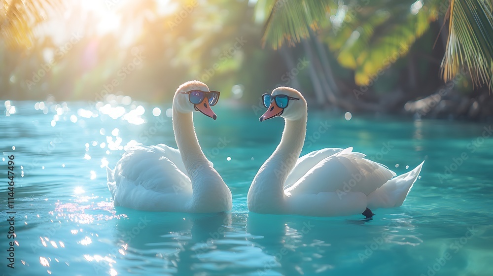 Obraz premium Two swans wearing sunglasses taking selfies on a sunny tropical beach