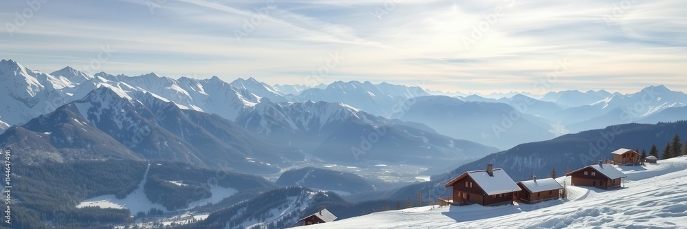 Scenic image of a portion of Kaiserschmarren with a snowy ski resort in the background, set against a stunning mountain panorama, landscape, mountain, delicious Scenic image of a portion of Kaiserschmarren with a snowy ski resort in the background, set against a stunning mountain panorama, landscape, mountain, delicious