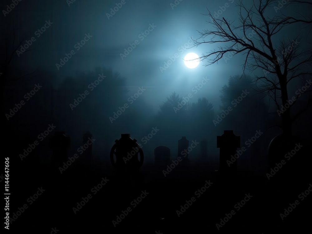 Spooky Halloween night scene with full moon shining down on the cemetery, darkness, mist, gravestones Spooky Halloween night scene with full moon shining down on the cemetery, darkness, mist, gravestones