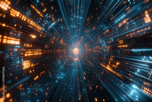 Visually dynamic abstract representation of data flow and light in a futuristic tunnel