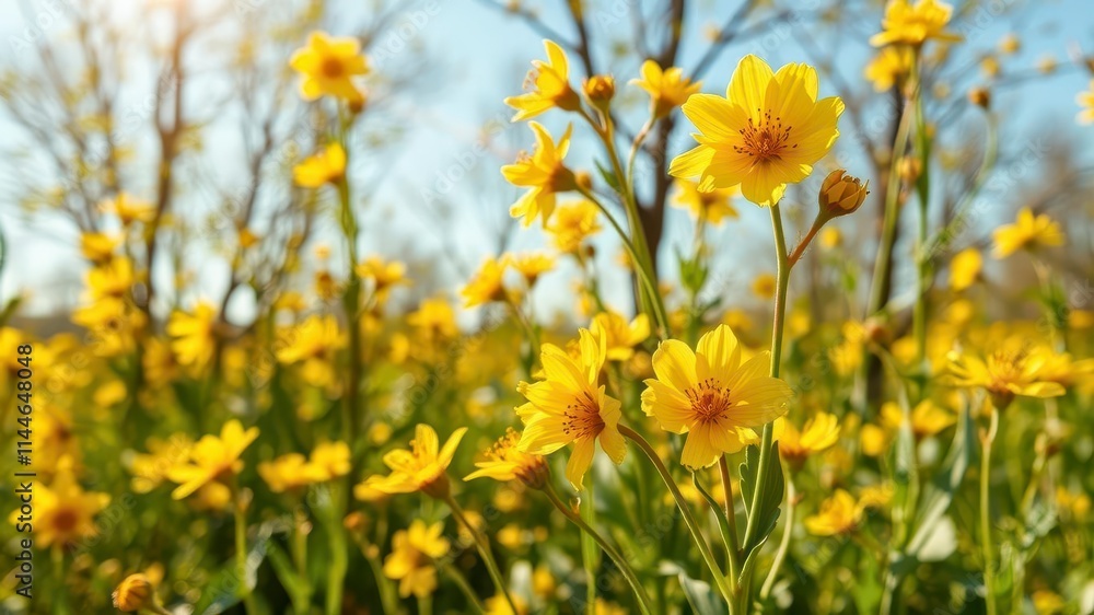 Vibrant yellow daffodil flowers blooming in a lush green field under the warm sun, vibrant, sunny, spring Vibrant yellow daffodil flowers blooming in a lush green field under the warm sun, vibrant, sunny, spring