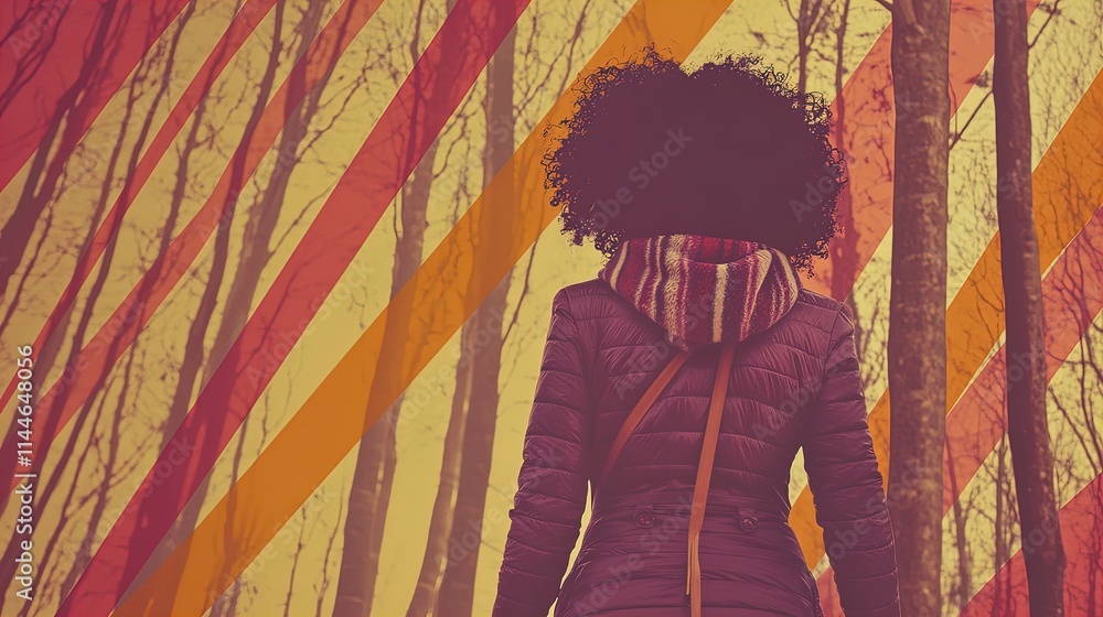 Obraz premium empowered young latinx woman in puffer jacket navigates snowy winter forest - ideal for sports-themed poster capturing independence and strength in soft morning light