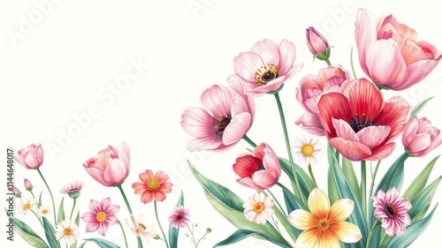 Vibrant watercolor illustration of various flowers including roses, daisies, and tulips on a white background, flowers, blooms, tulips