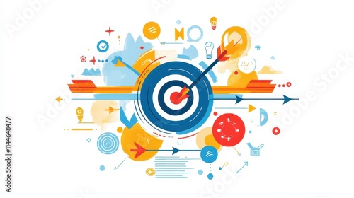 Goal-focused illustration on a white background depicting a professional success journey with target arrows and motivational symbols.