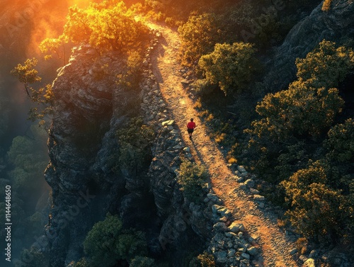 a determined runner braving a scenic sunrise trail from above, using photorealistic 3D techniques photo