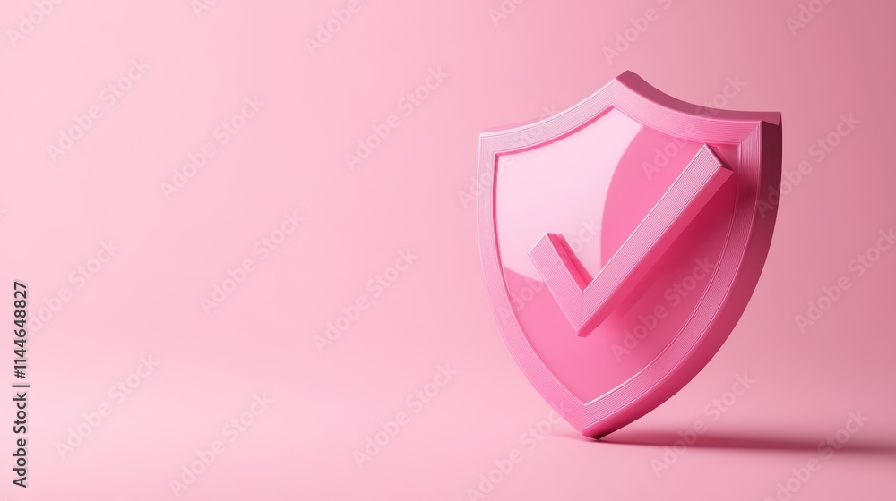 Pink shield with checkmark; security, safety concept. Pink shield with checkmark; security, safety concept.