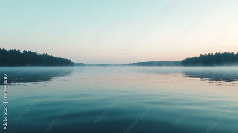 Hazy Mist Enshrouds Calm Lake at Serene Sunrise or Sunset Hazy Mist Enshrouds Calm Lake at Serene Sunrise or Sunset