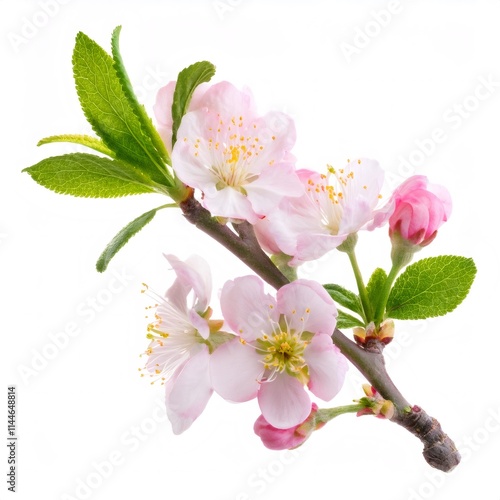 Delicate plum tree branch with pale pink flowers and green leaves isolated on white background, full depth of field photo