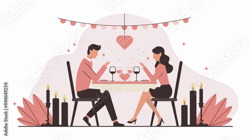 A romantic dinner setup, showing two people sitting across each other at a table with candles, wine glasses, and a heart-shaped decoration.