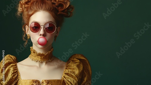 Wallpaper Mural Woman wearing round tinted glasses blows bubblegum closeup photo.. AI Generated Torontodigital.ca