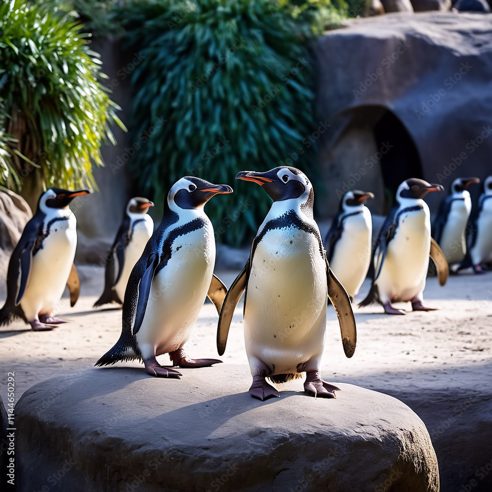 Obraz premium Tiere im Zoo - Pinguine in ihrem Gehege auf Entdeckungstour im Zoo