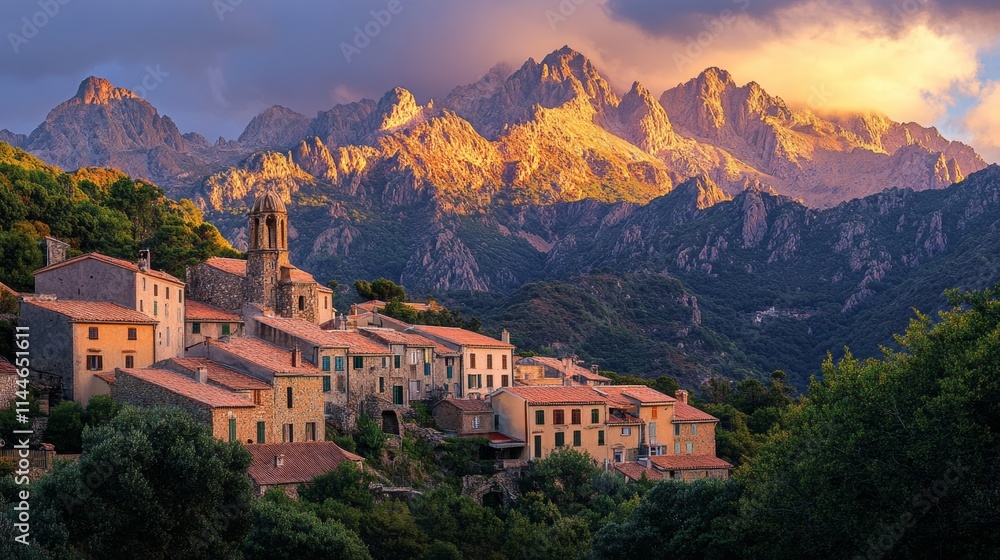 Fototapeta premium Mountain Village at Golden Hour