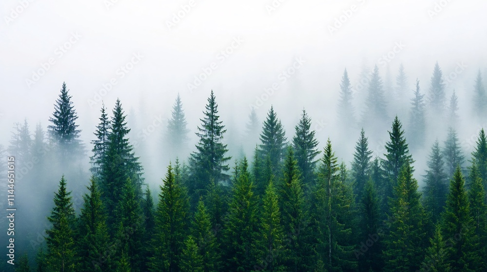 Mysterious misty evergreen forest with blurred green trees in serene natural landscape Mysterious misty evergreen forest with blurred green trees in serene natural landscape