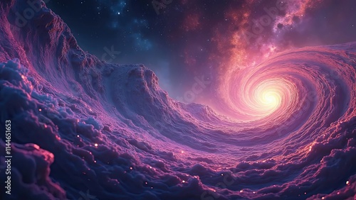 A mesmerizing display of a swirling galaxy filled with vibrant pink and purple clouds. Bright light radiates from the center, illuminating the surrounding cosmic landscape.