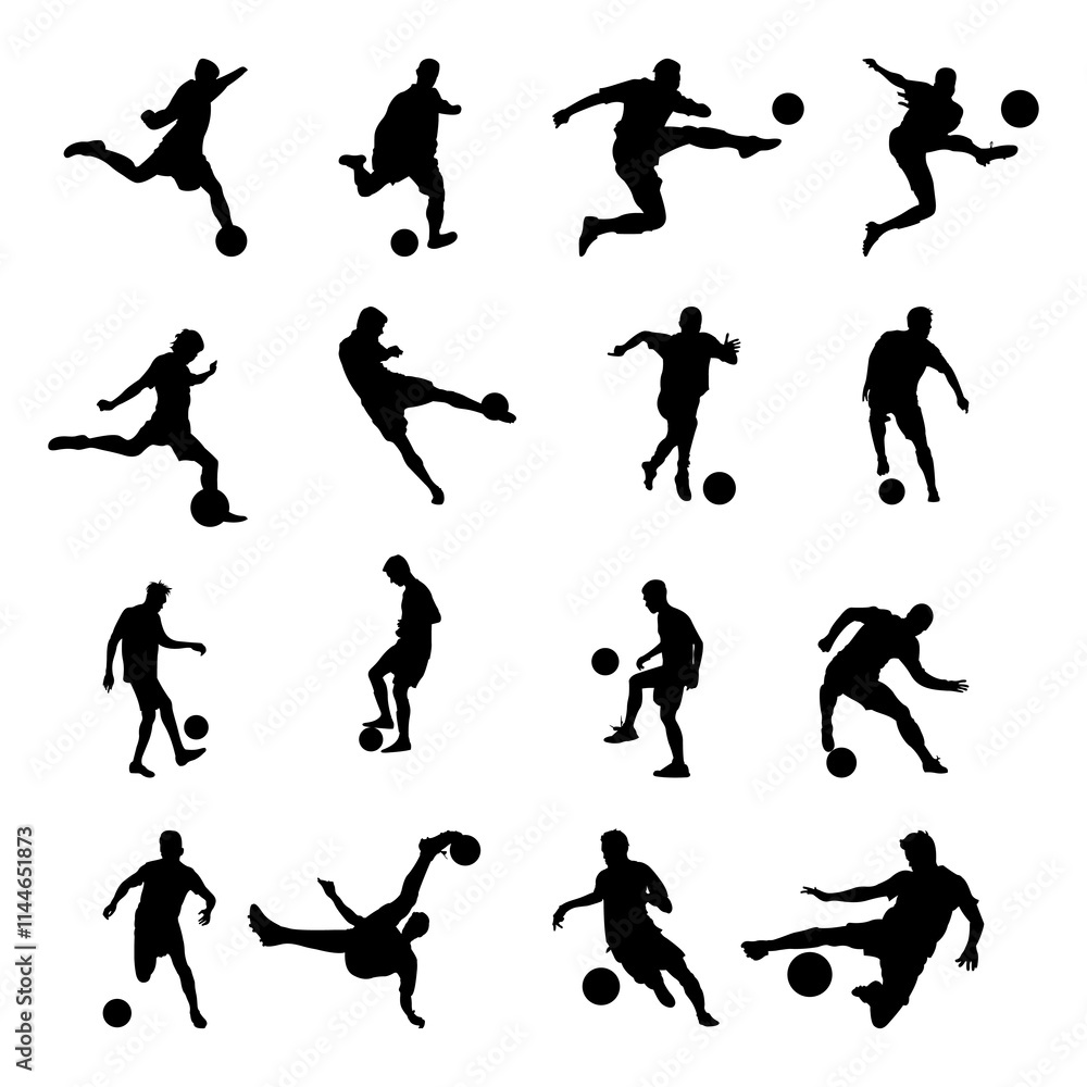 Silhouettes of Soccer Players in Action Poses on White Background Silhouettes of Soccer Players in Action Poses on White Background