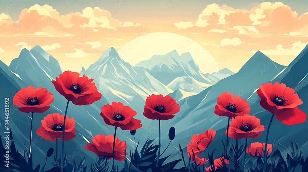 Fototapeta premium Vibrant poppies bloom brightly against mountain range digital painting landscape style. AI Generated