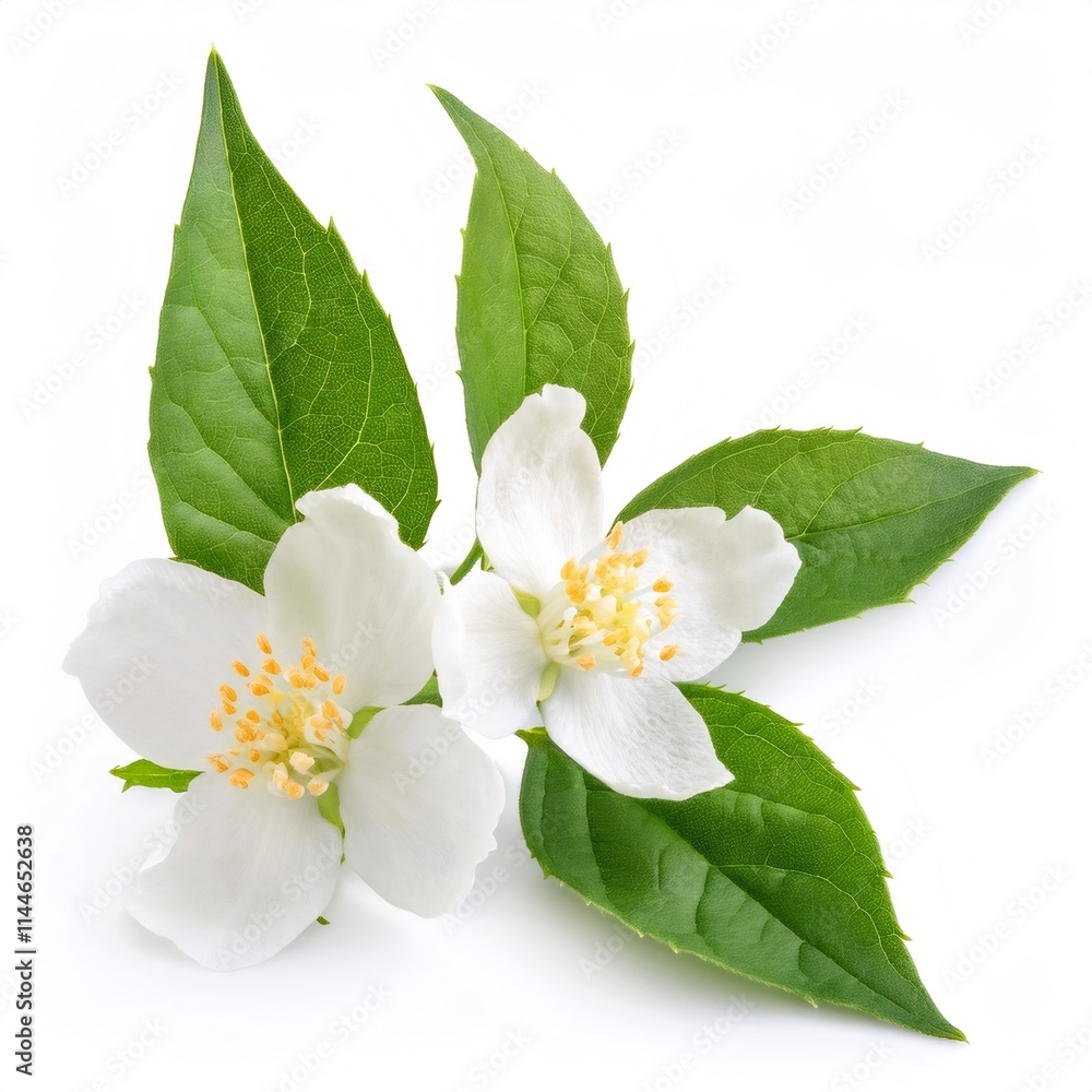 Fragrant mock orange branch displaying delicate white blossoms and verdant leaves against pristine white backdrop Fragrant mock orange branch displaying delicate white blossoms and verdant leaves against pristine white backdrop