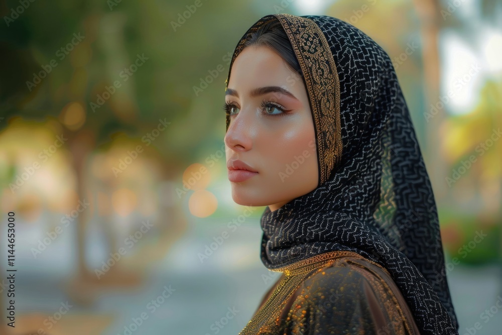 Side view portrait of beautiful Arab young woman wearing traditional arabic clothing. Side view portrait of beautiful Arab young woman wearing traditional arabic clothing.