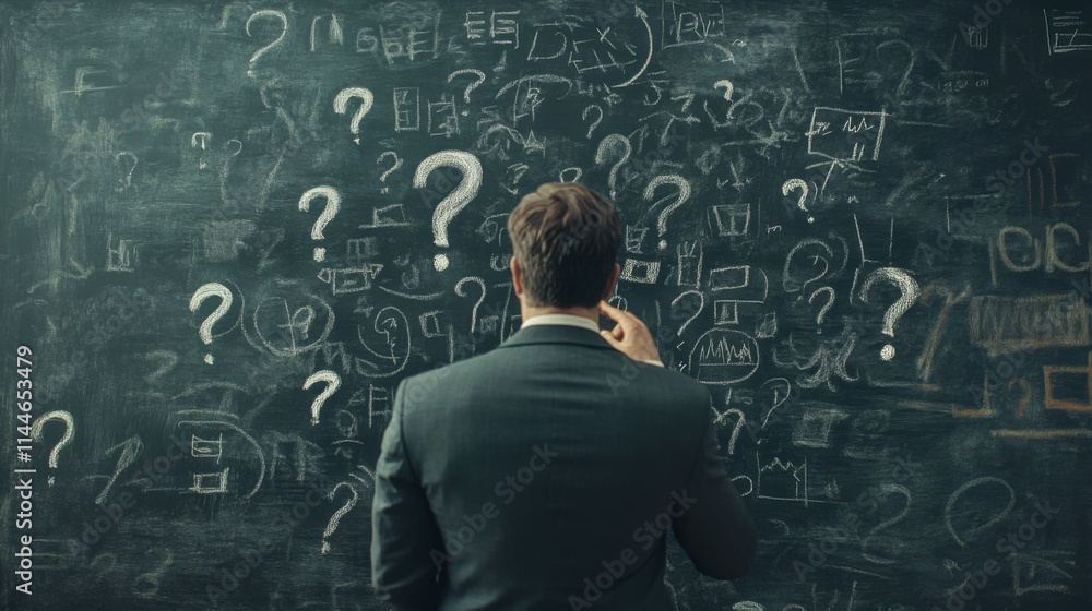 A businessman examines a blackboard covered in question marks and scribbles, trying to decode his business plan. Perfect for visuals depicting strategic challenges and planning A businessman examines a blackboard covered in question marks and scribbles, trying to decode his business plan. Perfect for visuals depicting strategic challenges and planning