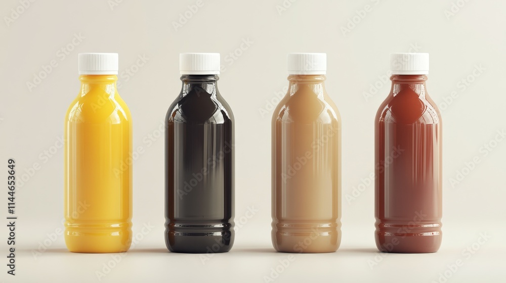 A collection of four natural juice bottles in various colors, white caps, unlabeled. Perfect for showcasing beverage products and healthy lifestyle designs A collection of four natural juice bottles in various colors, white caps, unlabeled. Perfect for showcasing beverage products and healthy lifestyle designs