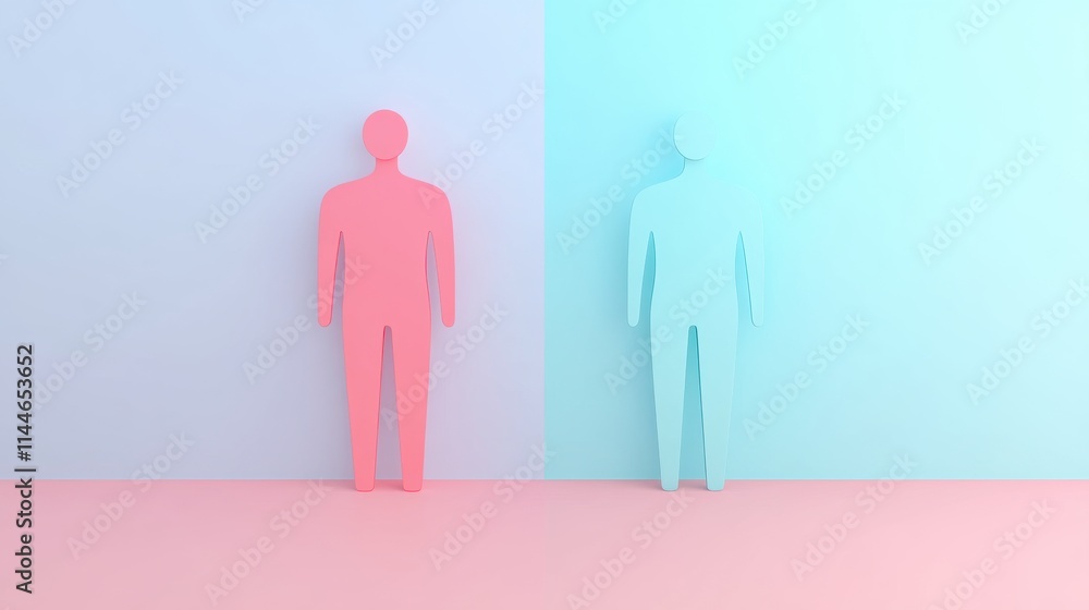 Two abstract figures stand against contrasting pastel backgrounds, one pink and one blue, symbolizing duality and diversity. Two abstract figures stand against contrasting pastel backgrounds, one pink and one blue, symbolizing duality and diversity.